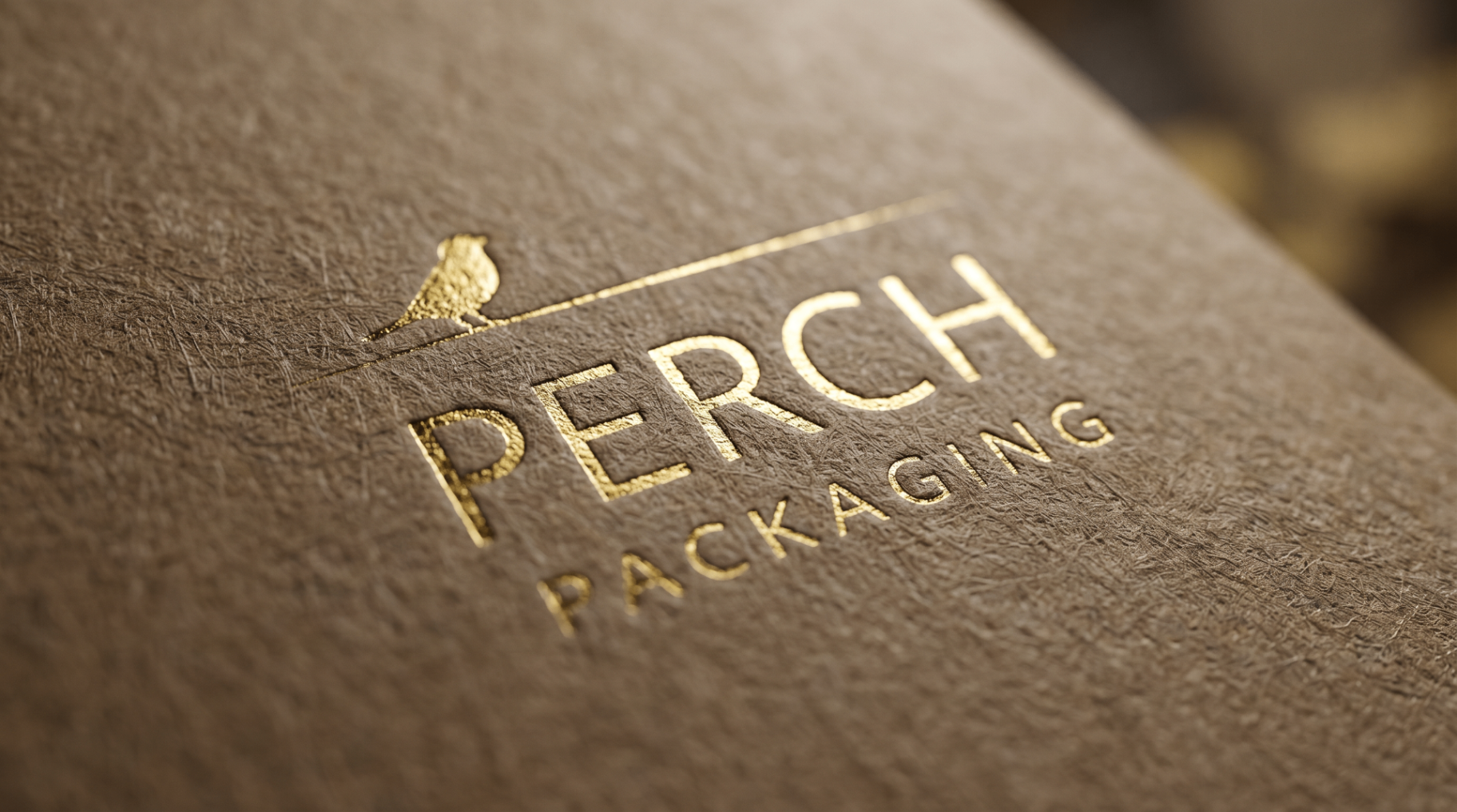 Gold-foil Perch Packaging logo on textured paper